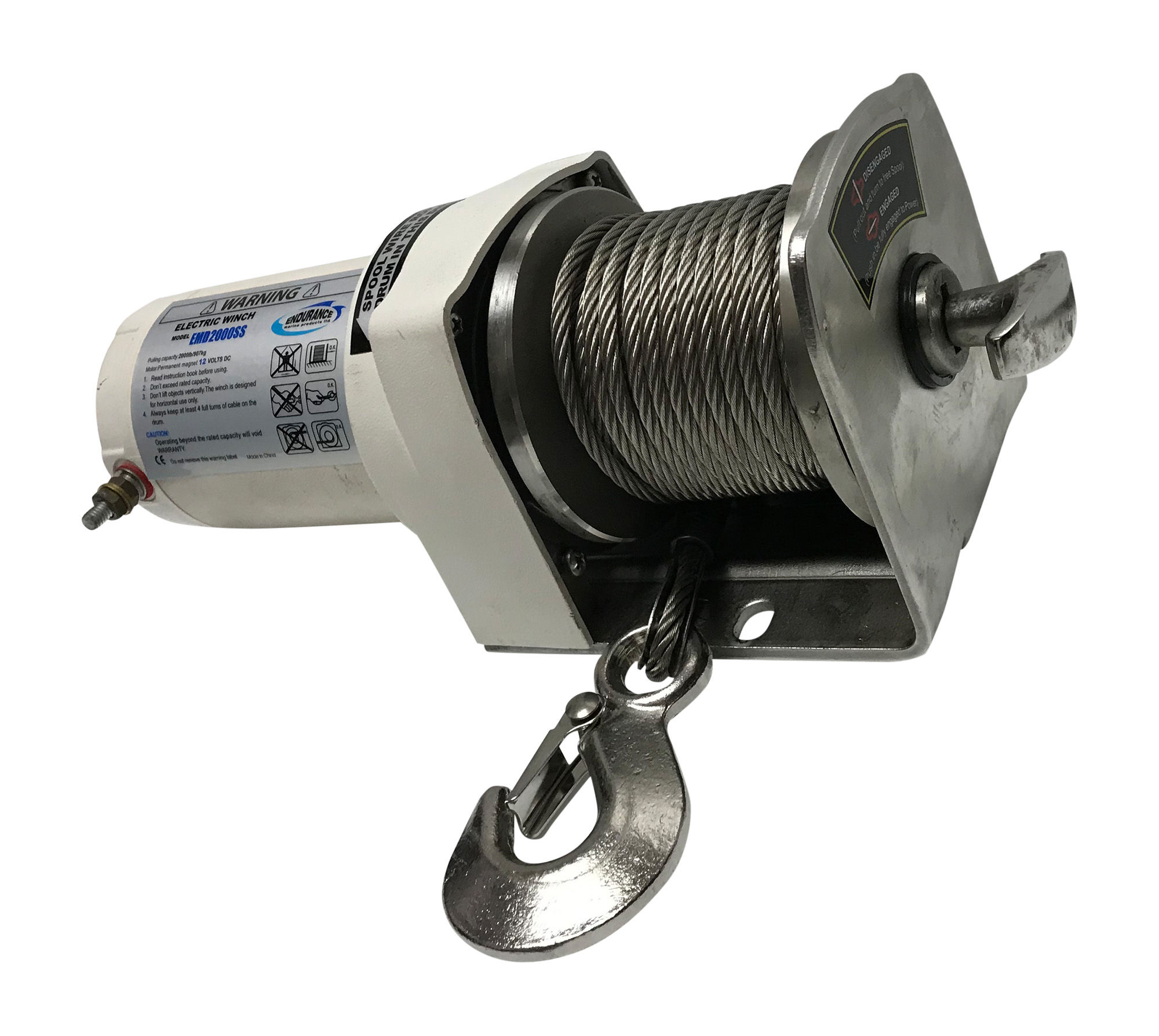 EMD2000SS-ST Side Terminal Stainless Steel Davit Winch, Remote, Cable and Hook