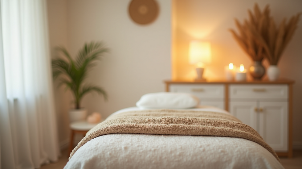 Close-up view of a serene massage therapy room with calming decor