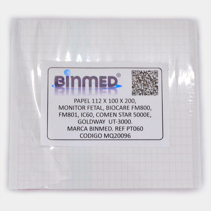 Papel Binmed con texto: Monitor Fetal, Biocare FM800, FM801, etc. Código MQ20096.