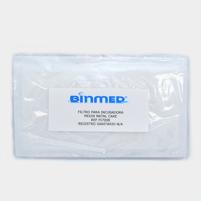 Binmed filter for incubator with text, medical product background, white package.