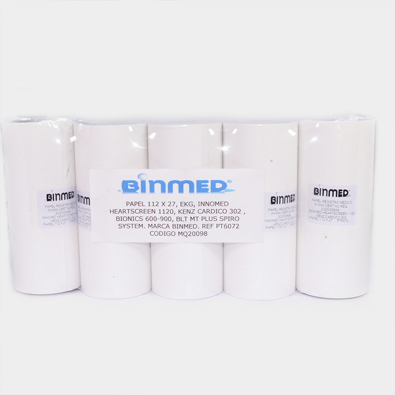 Rollo blanco de papel térmico Binmed para impresora, con especificaciones técnicas.