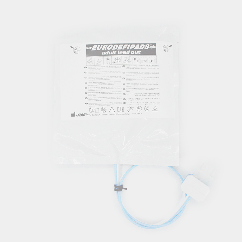 White package with text and blue cable. Electrodos multifunción. Ref F7956P. Product display.