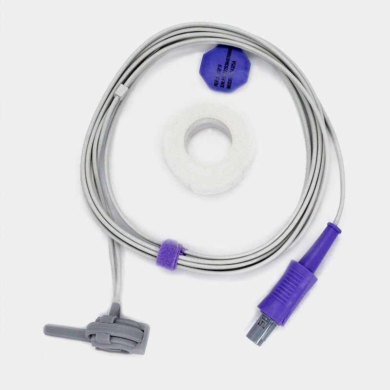 Sensor de SpO2, cable gris conector morado, cinta blanca, y clip gris. Ref SP4327A.
