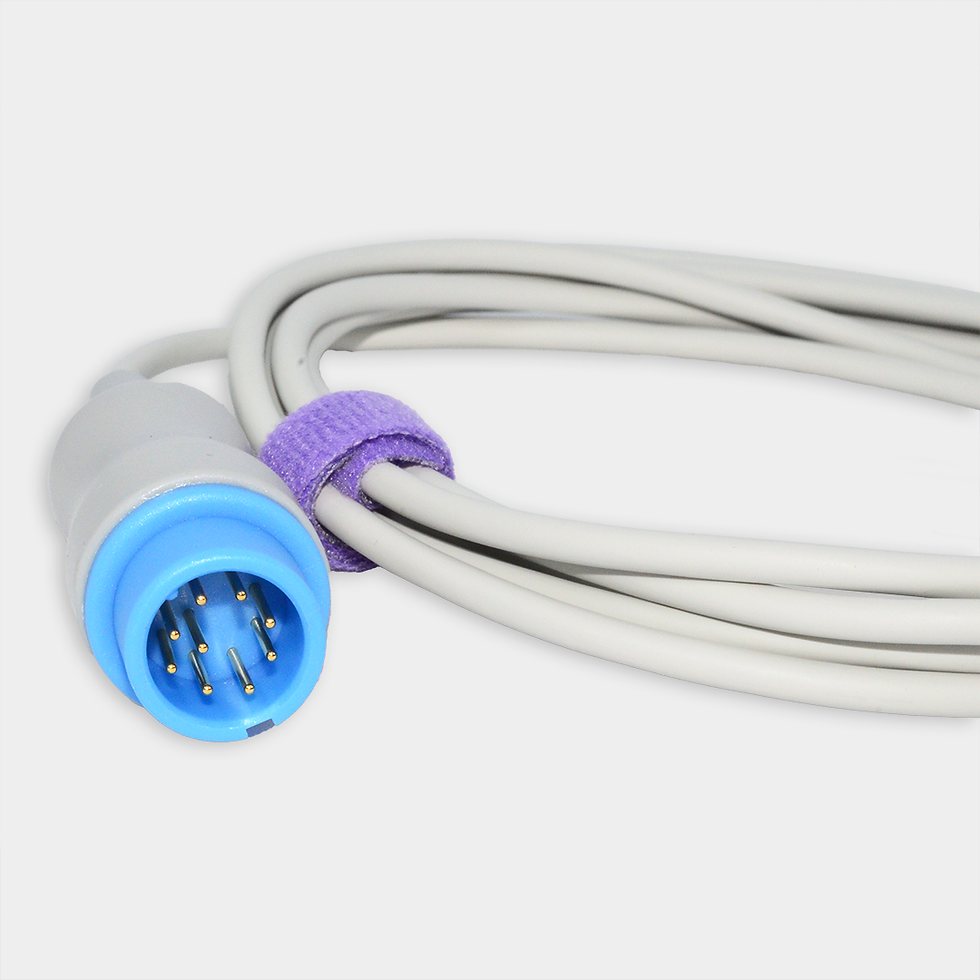 Miniatura: Conector de cable gris con azul. Cable de paciente. Ref SG3143MD. Primer plano.