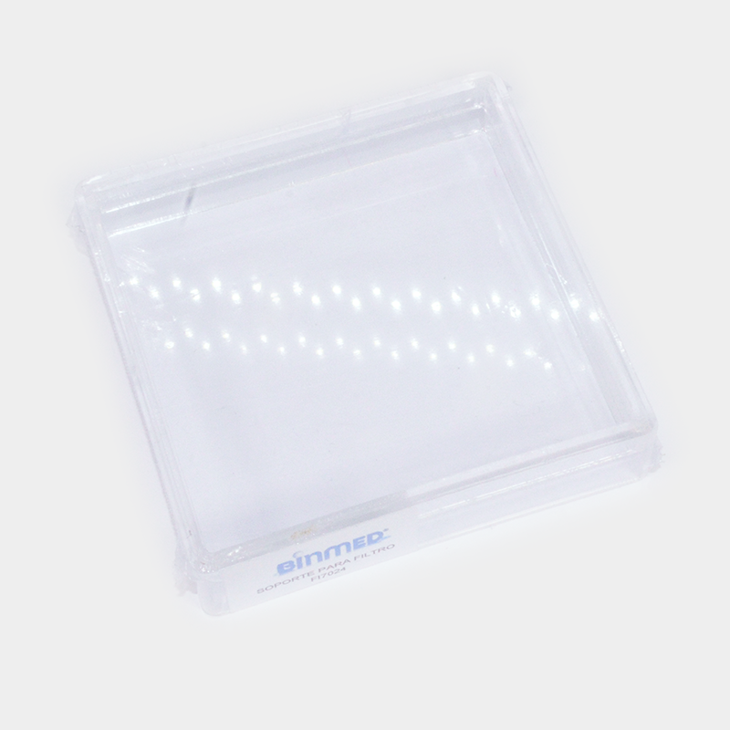 Recipiente transparente Sinmed con etiqueta azul, sobre fondo blanco, para uso médico.