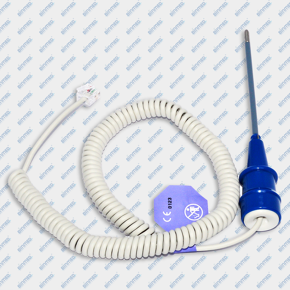 Sensor de SpO2. Cable blanco espiralado con conector y punta azul. Ref. SP9342A.