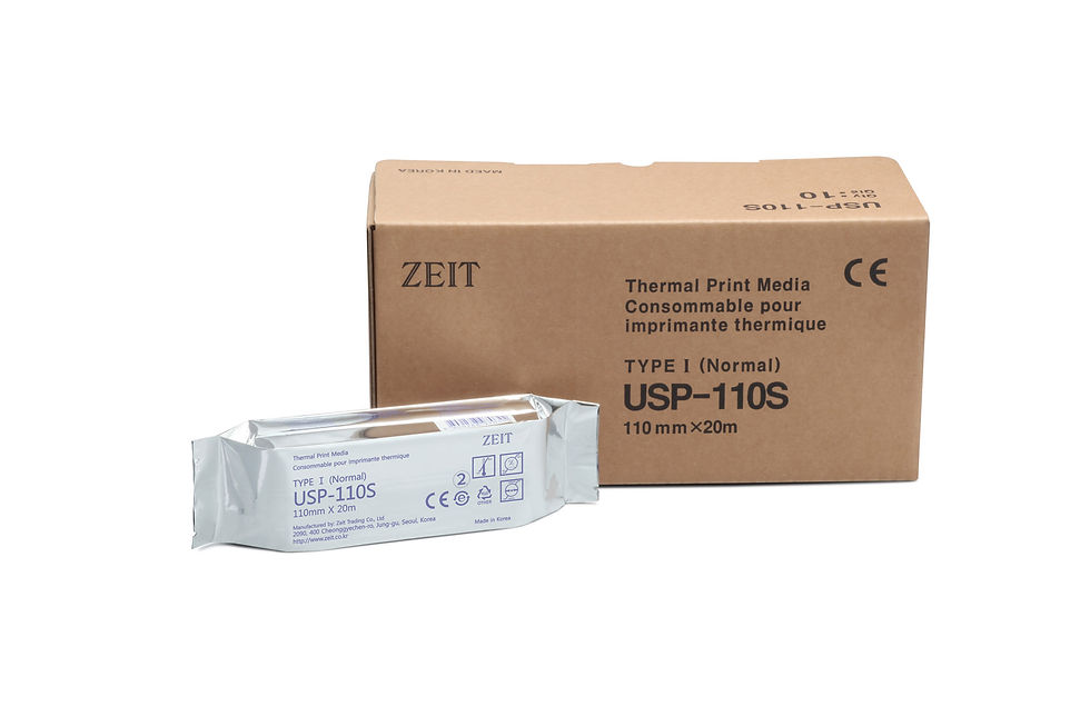 Caja de papel con texto: ZEIT Thermal Print Rolls USP-110S. Papel 210 X 150 X 200. Ref PT6071.