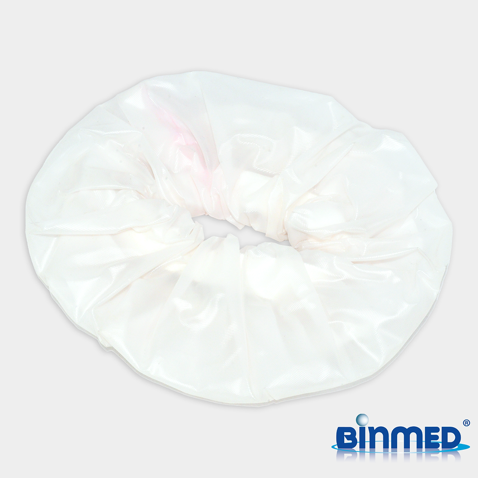 Gorro blanco desechable Binmed, forma redonda. Latiguillos tipo ASP. Ref EH024C3A. Utilizado en medicina.