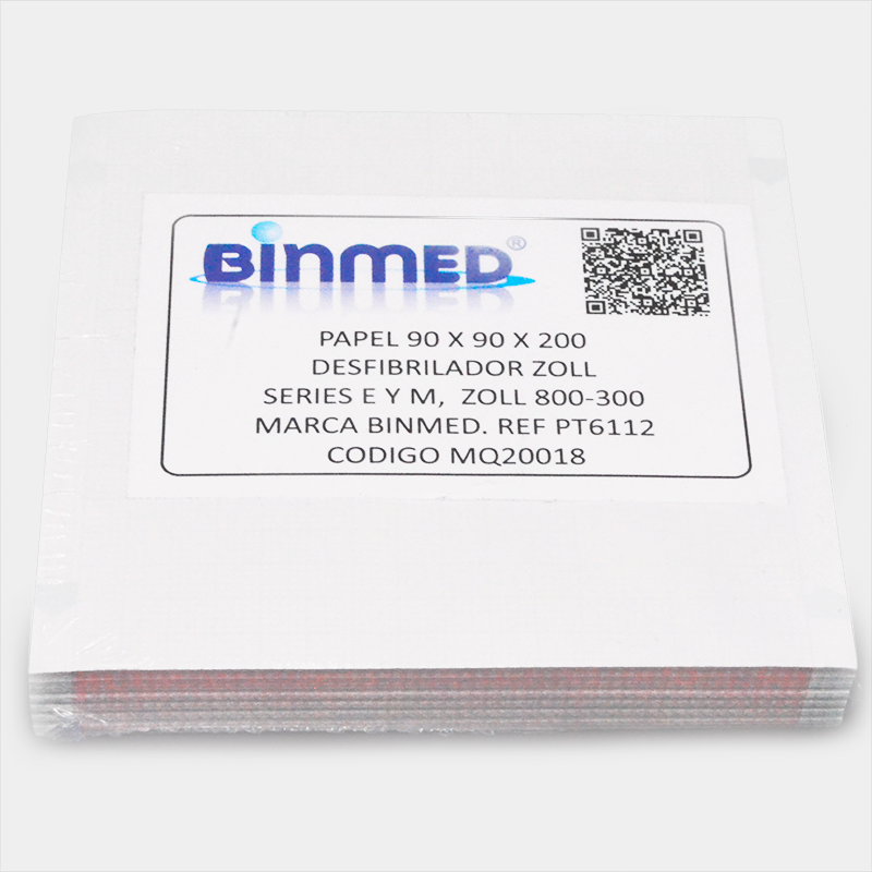 Papel 90 X 90 X 200, desfibrilador Zoll, Serie E y M. Ref PT6112, Binmed. Código MG20018.