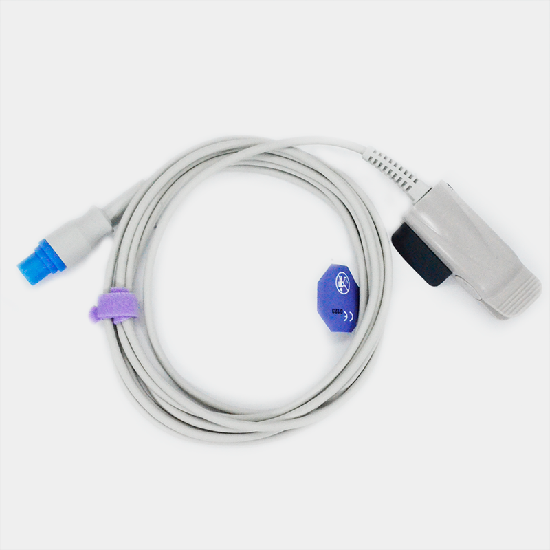 Sensor de SpO2, cable gris con conectores azules y morados. Ref SP4327A. Producto médico.
