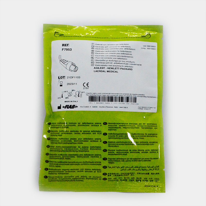 Paquete sellado verde con texto y Electrodos multifunción. Ref F7956P. Información del producto.