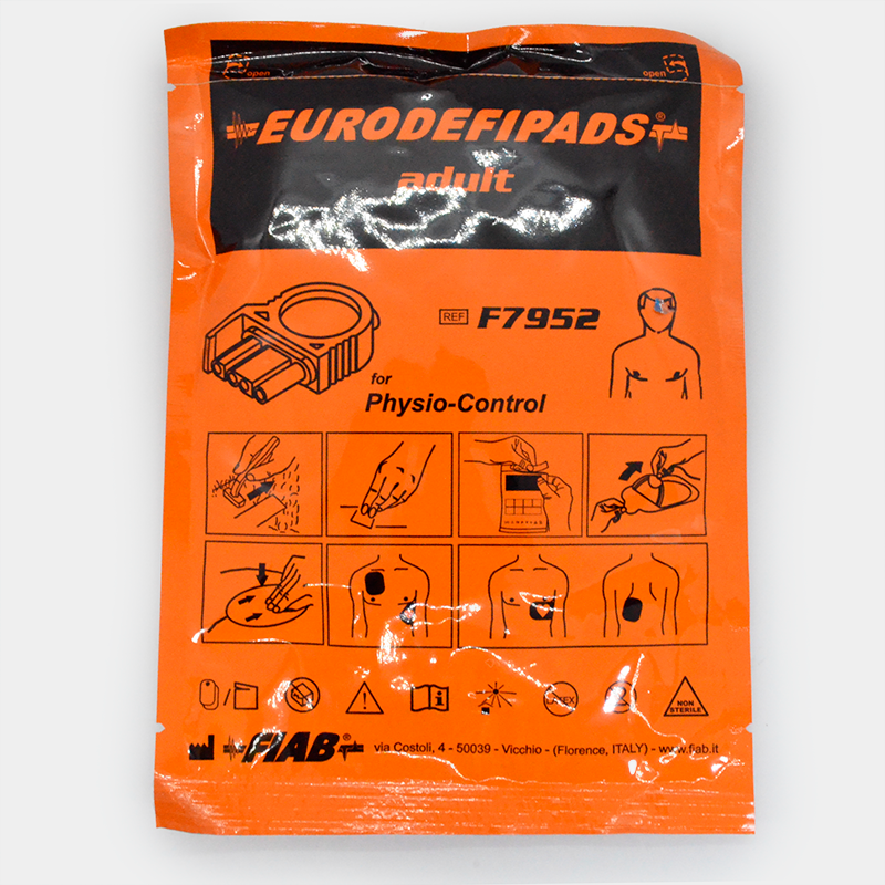 EURODEFIPADS adult F7952 Physio-Control Electrodos multifunción. Ref F7952PW. Orange package, medical equipment.