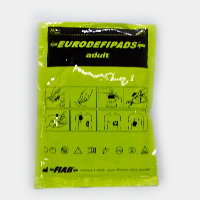 Paquete de electrodos adultos EURODEFIPADS, con instrucciones y símbolos, Electrodos multifunción. Ref F7956P.