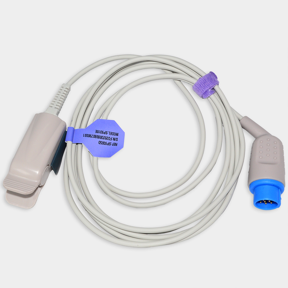 Cable con Sensor de SpO2. Ref SP9305D. Dispositivo médico con clip y conector azul.