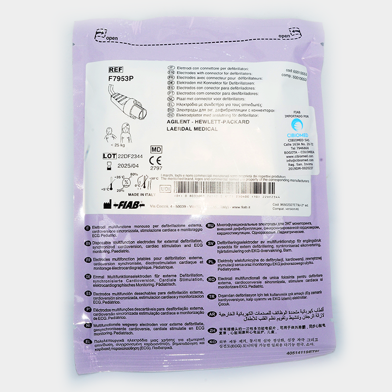 Paquete de electrodos. Incluye texto y código de barras. Electrodos multifunción. Ref F7956P. Fondo gris.