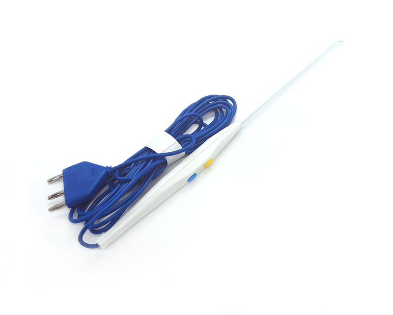 Electrodo médico con cable azul y enchufe, sobre fondo blanco Electrodos multifunción. Ref F7961P.