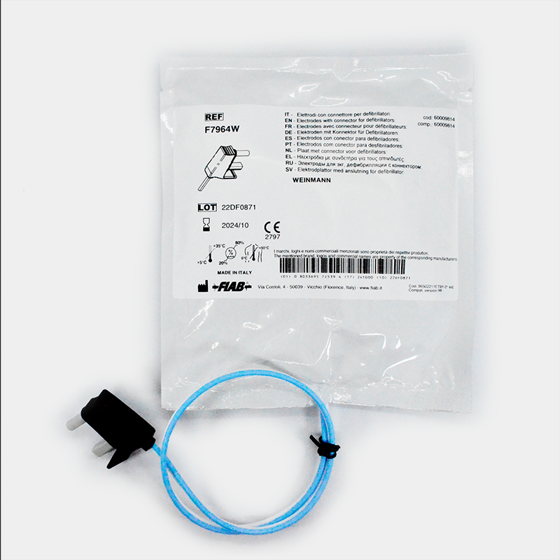 Electrodos multifunción. Ref F7961P. Empaquetado con información y electrodo con cable azul, sobre fondo blanco.