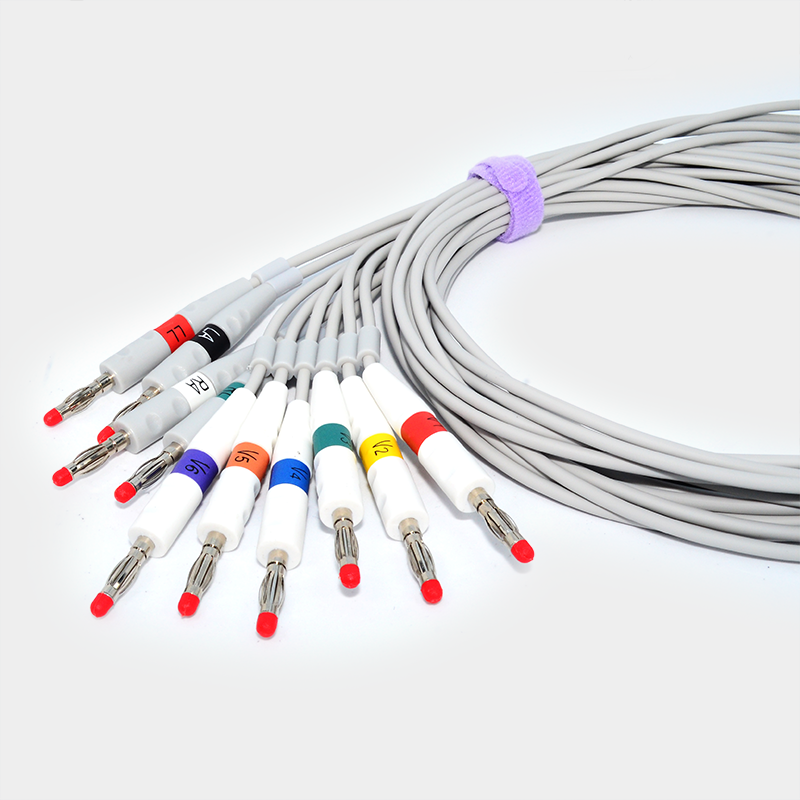 Miniatura: Conjunto de cables con conectores de colores. Electrodos multifunción. Ref F7956P. Fondo blanco.