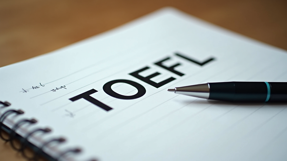 Close-up view of a notebook with TOEFL practice notes and a pen