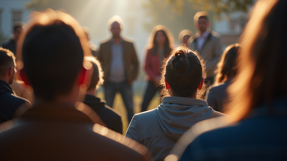 Eye-level view of a community gathering discussing political issues