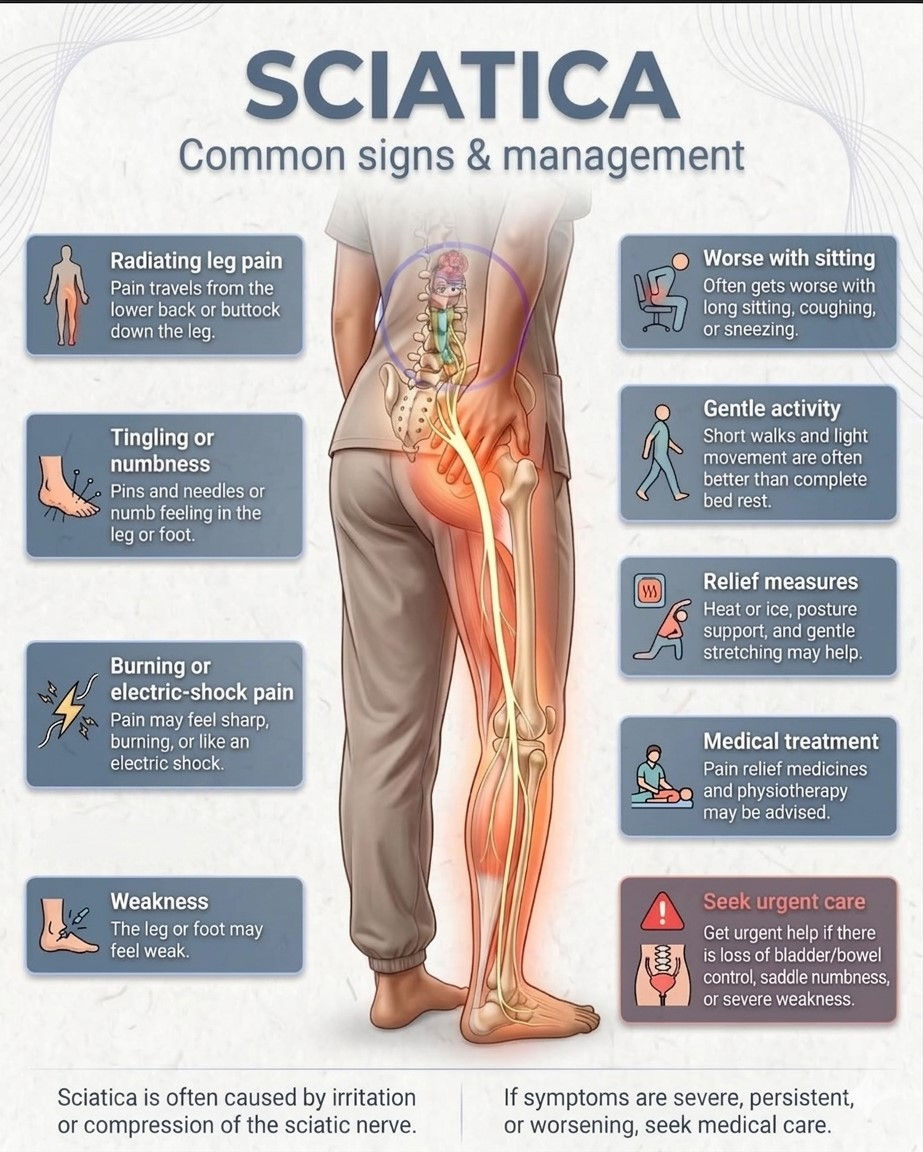 Medical infographic illustrating sciatica symptoms and management. The central image shows the human anatomy with the sciatic nerve highlighted in yellow from the lower spine down the leg. Left panels list symptoms: radiating leg pain, tingling or numbness, burning or electric-shock pain, and weakness. Right panels list management tips: avoiding long sitting, gentle activity, heat/ice relief measures, and medical treatment. A red warning box emphasizes seeking urgent care for loss of bladder control or severe weakness.