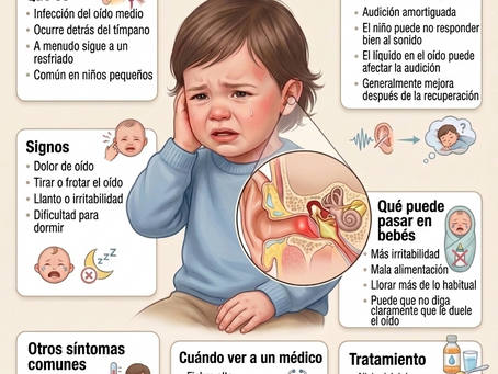 Aquí tienes el texto alternativo (alt text) detallado en español para la imagen: Título: Infografía sobre la Otitis Media (Infección del oído medio) Descripción General: Una infografía educativa con ilustraciones en tonos suaves centrada en los signos y el cuidado de la otitis media en niños. En el centro, hay un dibujo de un niño llorando y sujetándose la oreja derecha en señal de dolor. Un círculo de zoom muestra la anatomía interna del oído inflamado, destacando el tímpano y la presencia de líquido. Secciones de Texto: Qué es: Infección del oído medio que ocurre detrás del tímpano. A menudo sigue a un resfriado y es común en niños pequeños. Signos: Dolor de oído, tirar o frotar la oreja, llanto o irritabilidad y dificultad para dormir. Cambios en la audición: Audición amortiguada; el niño puede no responder bien al sonido. El líquido en el oído puede afectar la audición, pero generalmente mejora después de la recuperación. Qué puede pasar en bebés: Más irrit