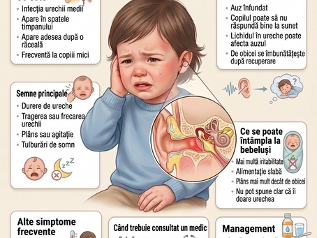 Infografic în limba română intitulat „OTITA MEDIE: Semne și Management (Infecția Urechii Medii)”. În centru se află ilustrația unui copil mic care plânge și își ține mâna la ureche, cu un detaliu în cerc care arată o secțiune anatomică a urechii medii inflamate și pline cu lichid. Graficul este împărțit în mai multe secțiuni informative:  Ce este: Menționează că este o infecție a urechii medii în spatele timpanului, frecventă la copiii mici, adesea după o răceală.  Semne principale: Include durere de ureche, tragerea sau frecarea urechii, plâns/agitație și tulburări de somn.  Modificări de auz: Descrie auzul înfundat, lipsa de răspuns la sunete și ameliorarea după recuperare.  Ce se poate întâmpla la bebeluși: Menționează iritabilitate crescută, alimentație slabă și plâns intens.  Alte simptome frecvente: Enumeră febra, starea generală proastă, scăderea apetitului și oboseala.  Când trebuie consultat un medic: Specifică febra mare, durerea severă, scurgerea de lichid/puroi din ureche s