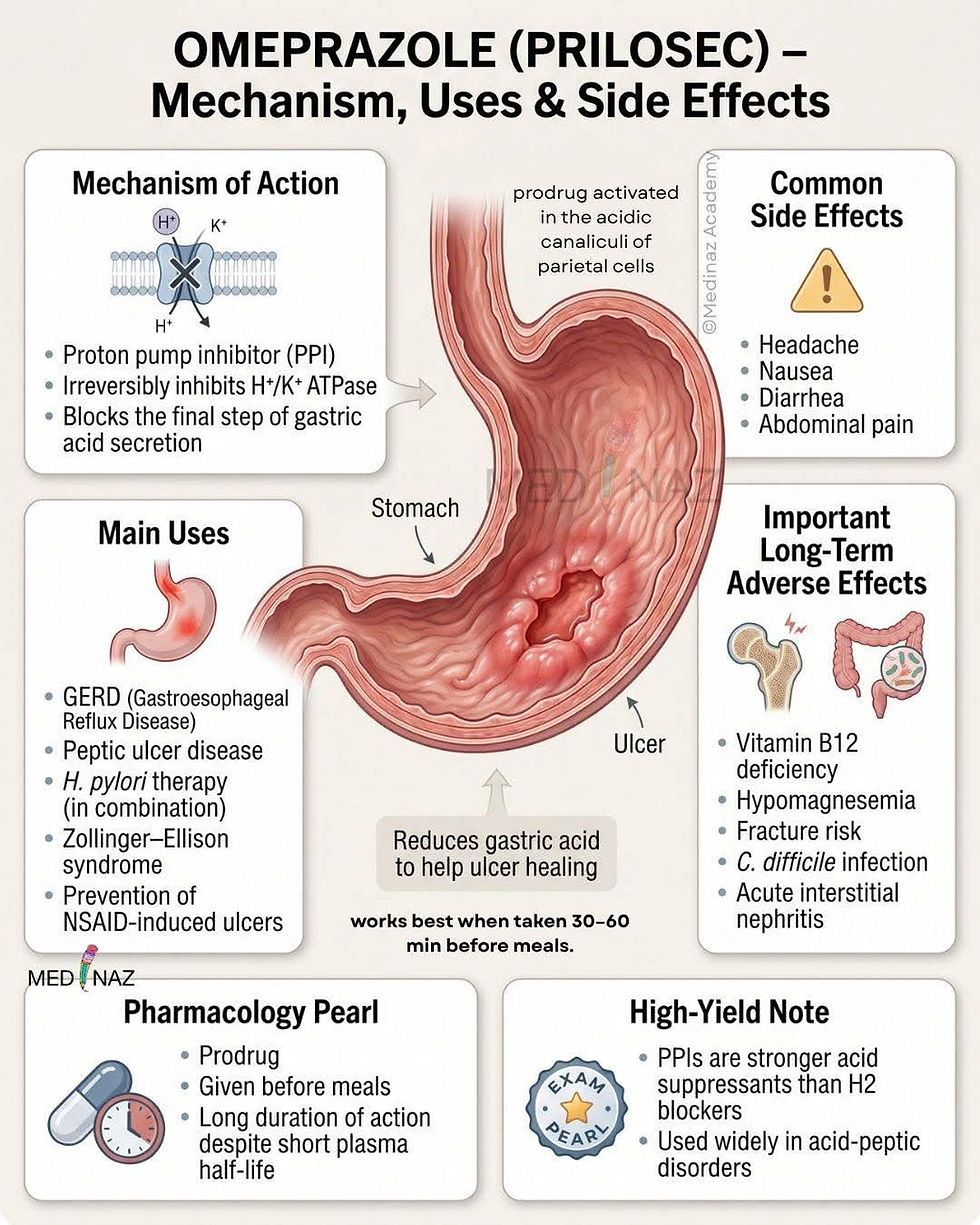 Infográfico educativo sobre o omeprazol (Prilosec), mostrando o seu mecanismo de ação como inibidor da bomba de protões no estômago, bloqueando a enzima H⁺/K⁺ ATPase e reduzindo a produção de ácido gástrico. Inclui ilustração do estômago com uma úlcera e explicação de que o fármaco é ativado em meio ácido. Apresenta os principais usos (DRGE, úlcera péptica, erradicação de H. pylori, síndrome de Zollinger-Ellison e prevenção de úlceras por AINEs), efeitos secundários comuns (dor de cabeça, náuseas, diarreia, dor abdominal) e riscos a longo prazo (deficiência de vitamina B12, hipomagnesemia, fraturas, infeção por C. difficile e nefrite intersticial). Destaca ainda que deve ser tomado 30–60 minutos antes das refeições e que tem ação prolongada apesar de meia-vida curta