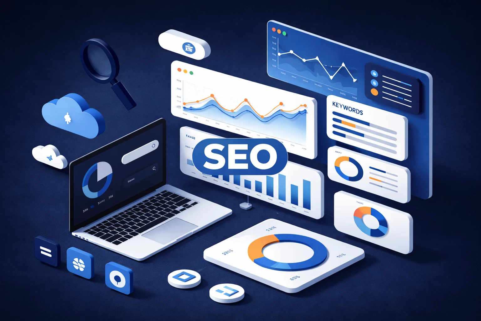Analyse SEO et création de site web avec graphiques 3D.