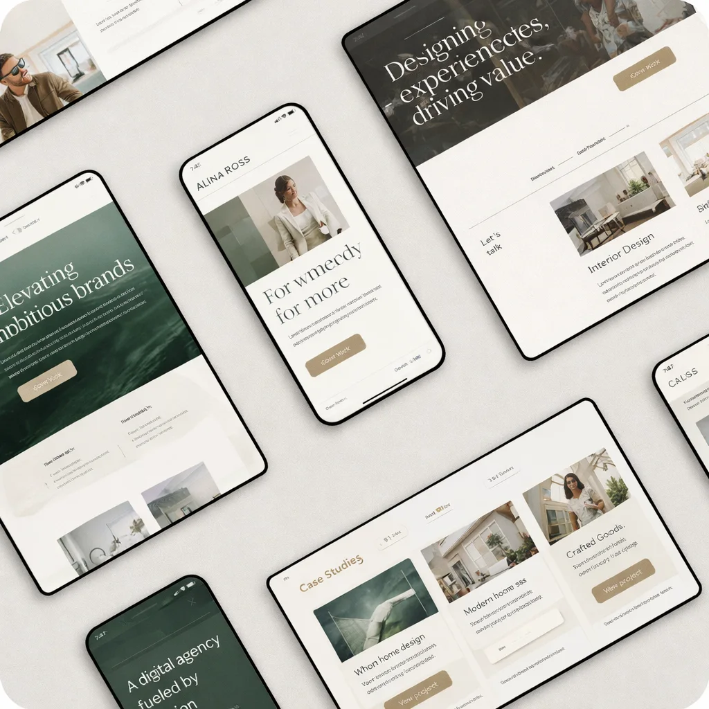 Écrans modernes affichant "Elevating ambitious brands", "Designing experiences", "Case Studies".