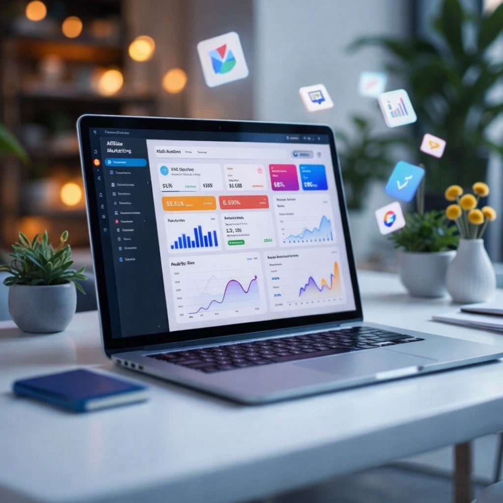 Ordinateur portable affiche un tableau de bord d'analyse avec icônes d'applications flottantes.