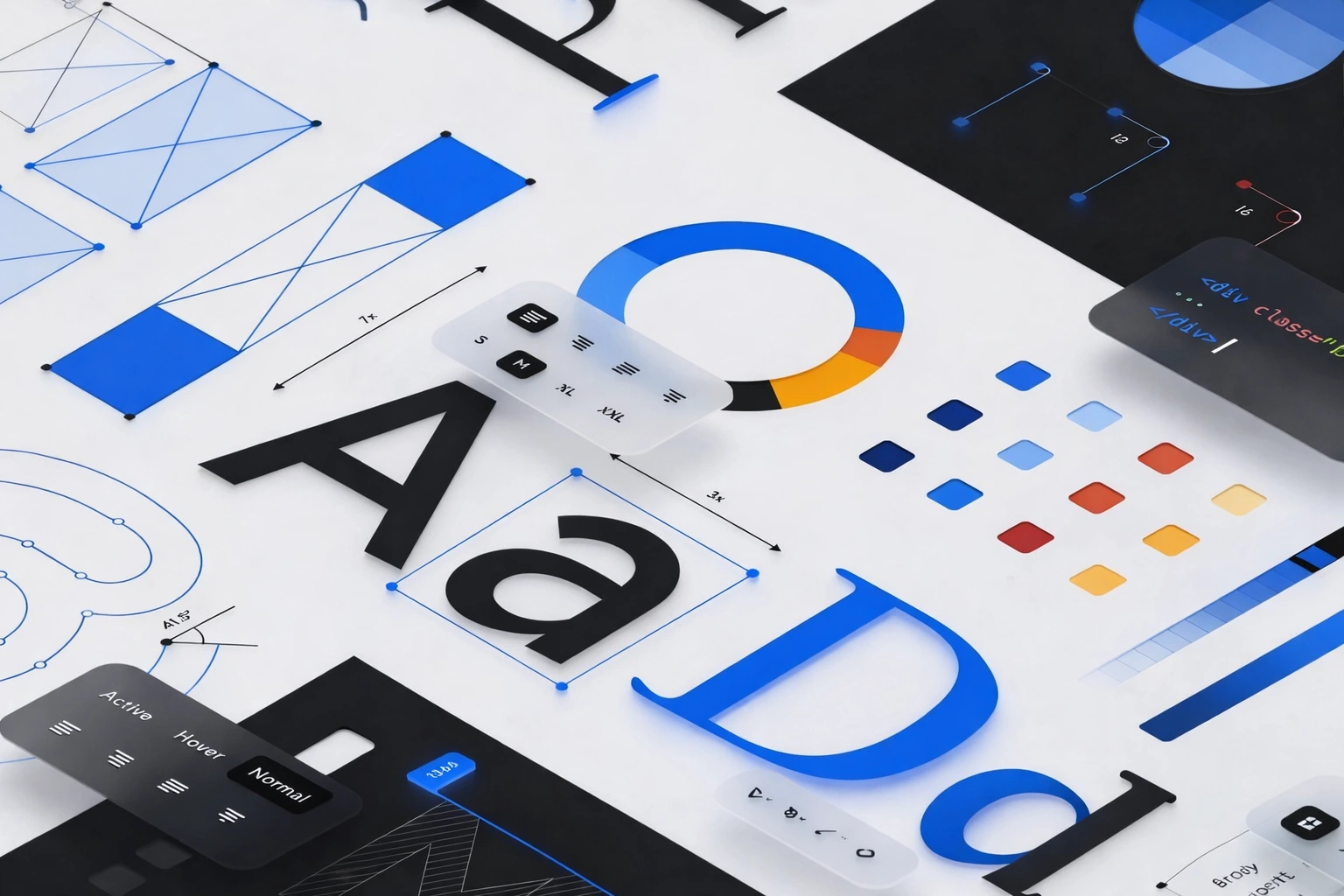 Composants de design system, lettres 'A', 'P', 'LOAD' et code.