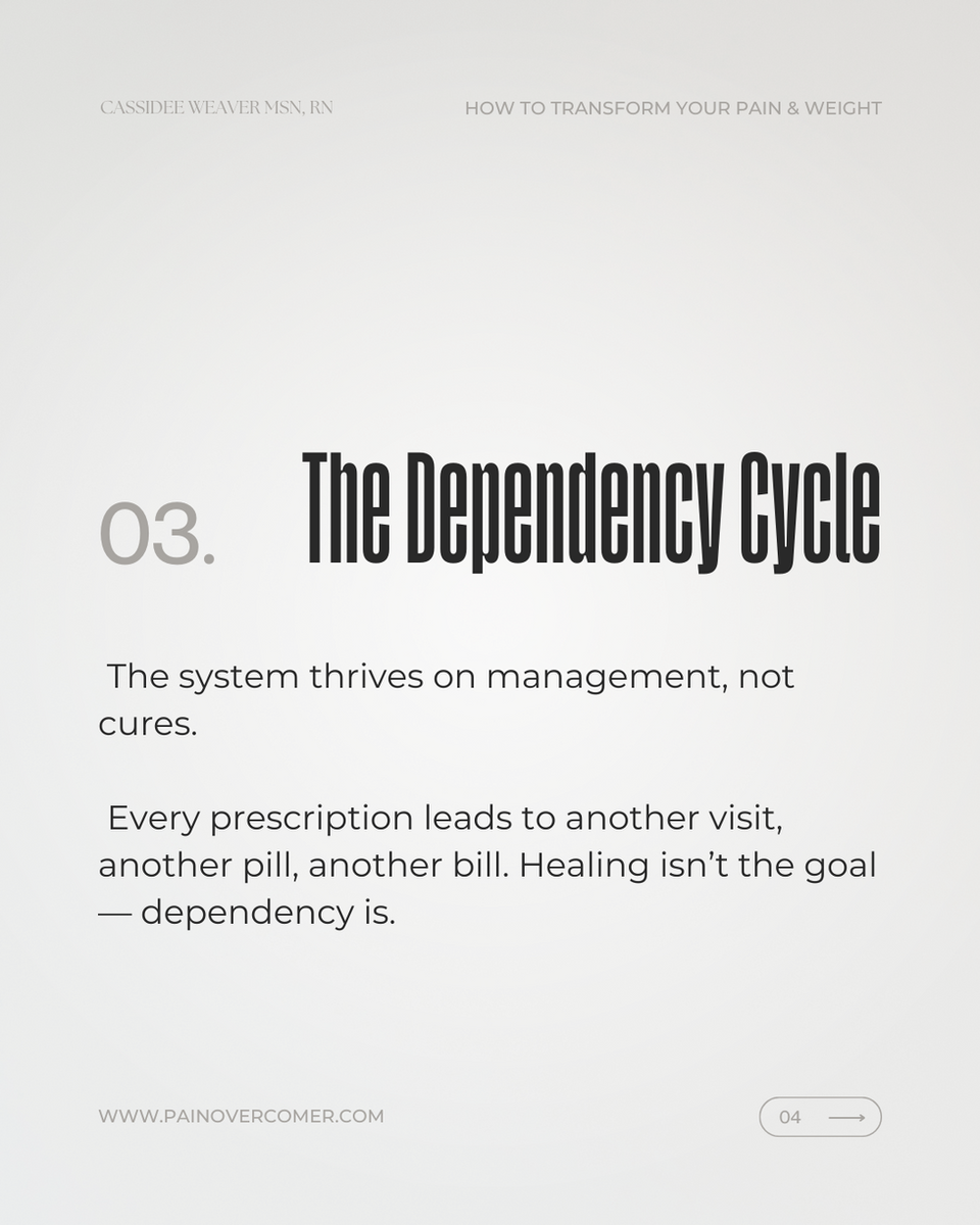 The Dependency Cycle text, system thrives on management, not cures. Pain Overcomer