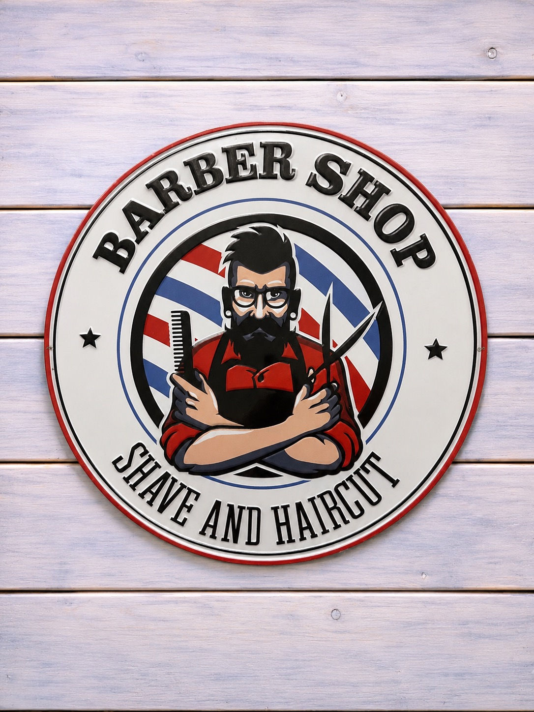 40 cm round Barber Shop Shave and Haircut embossed sign with a cartoon barber, comb and scissors