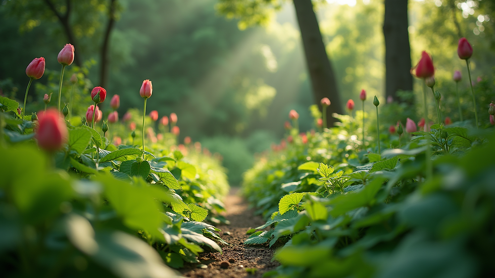 Eye-level view of a lush green garden with diverse plants
