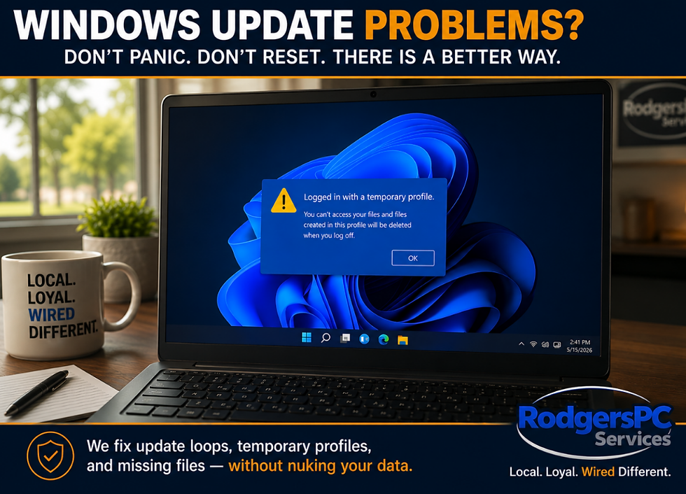 Windows 11 laptop showing a blank desktop with a temporary profile error message on an office desk in the Belton and Temple TX area