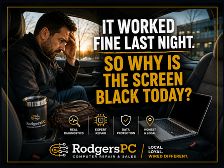 RodgersPC image showing a customer in a car with a laptop screen that has gone black, explaining why a computer can work fine one night and have a black screen the next day.