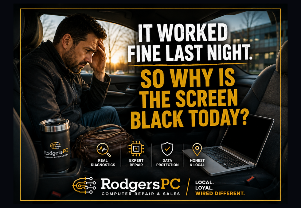 RodgersPC image showing a customer in a car with a laptop screen that has gone black, explaining why a computer can work fine one night and have a black screen the next day.