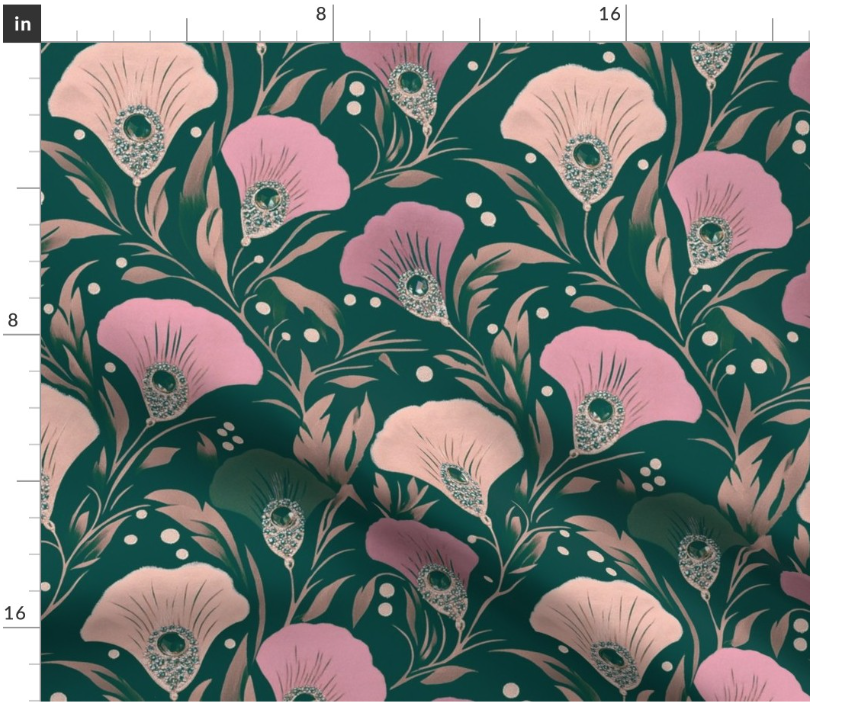 Thumbnail: Feathered Bloom 1 in Emerald by Marta Rusin Fat Quarter