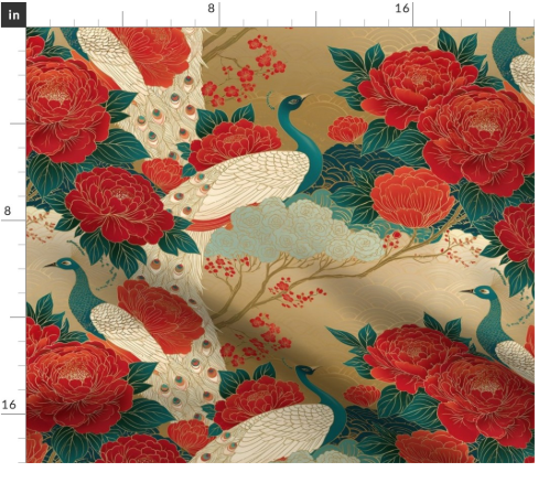 Thumbnail: Peony Court 4 in  Crimson Gold by Marta Rusin Fat Quarter