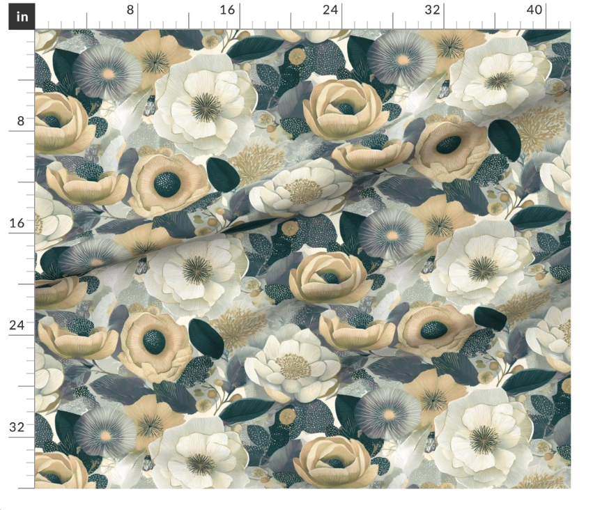 Thumbnail: The Ink Flower  in Seastone by Marta Rusin Fat Quarter