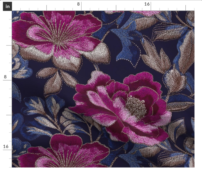 Thumbnail: The Threaded Blooms 2  in Midnight Fuschia  by Marta Rusin Fat Quarter