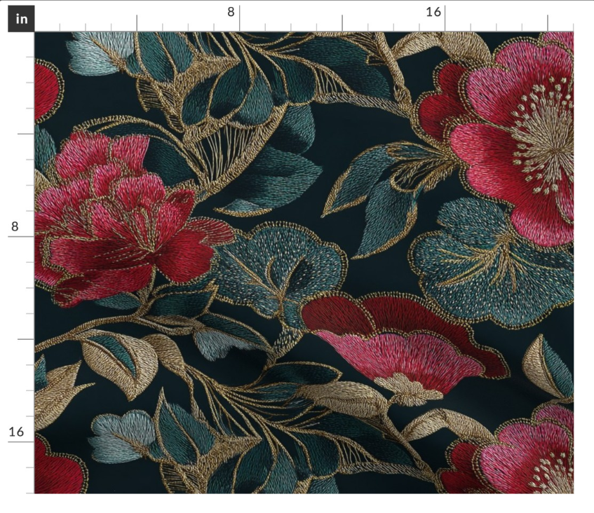 Thumbnail: The Threaded Blooms 3  in Crimson Indigo by Marta Rusin  Fat Quarter