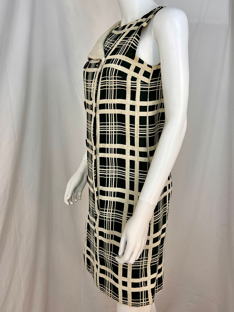 Thumbnail: Vintage 60s Mod Style Forest Green and Cream Windowpane Plaid Shift Dress, S/M