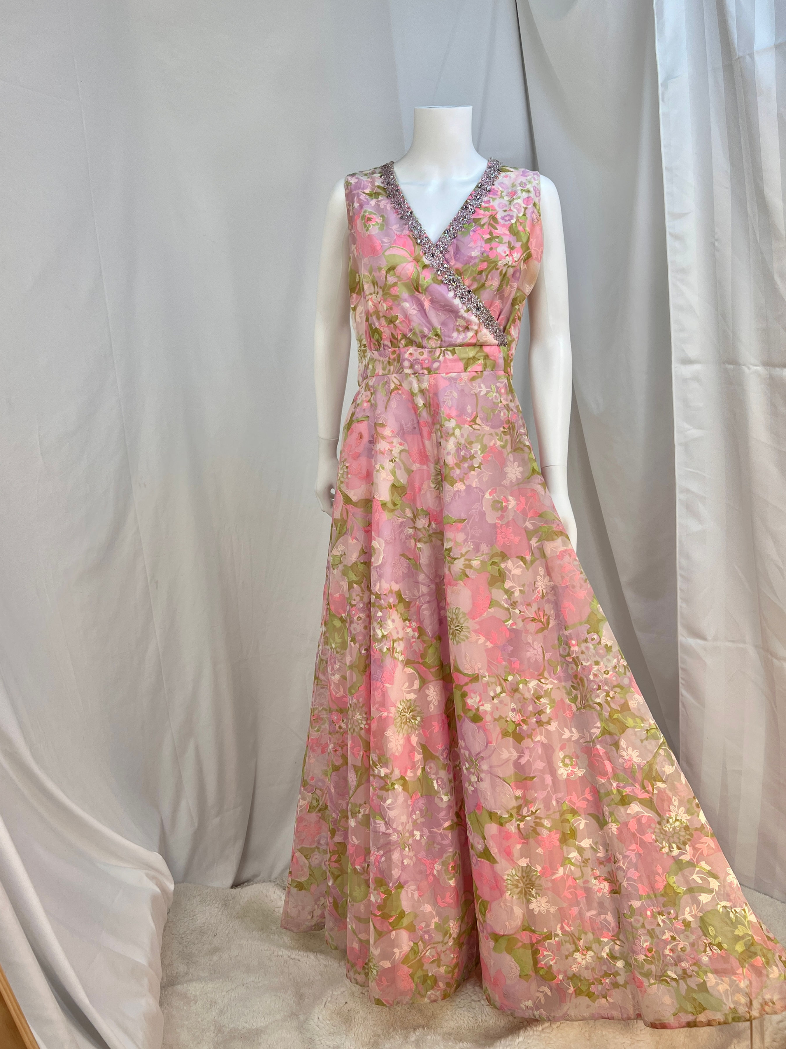 1960s Pink Floral Maxi with Crystals and Metallic Trim, M
