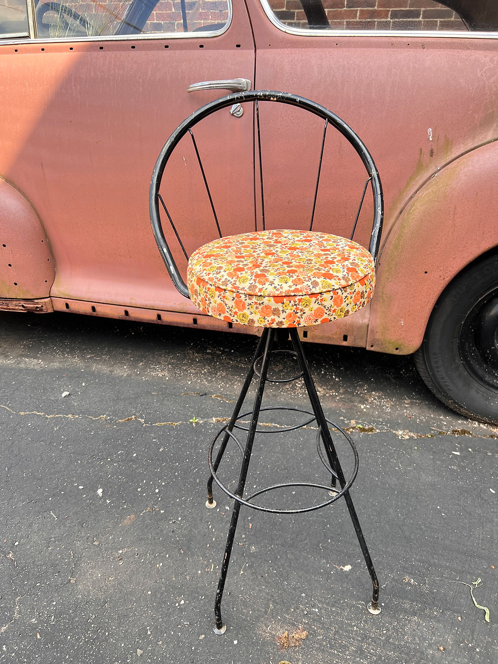 Thumbnail: Midcentury Atomic Bar Stools with Orange Flower Power Seat