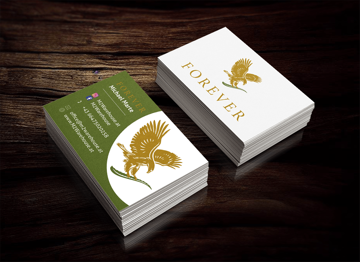 Forever Living Visitenkarten Pure #1 – Vorderseite mit professionellem Design, Rückseite Classic mit goldbraunem Logo auf hel