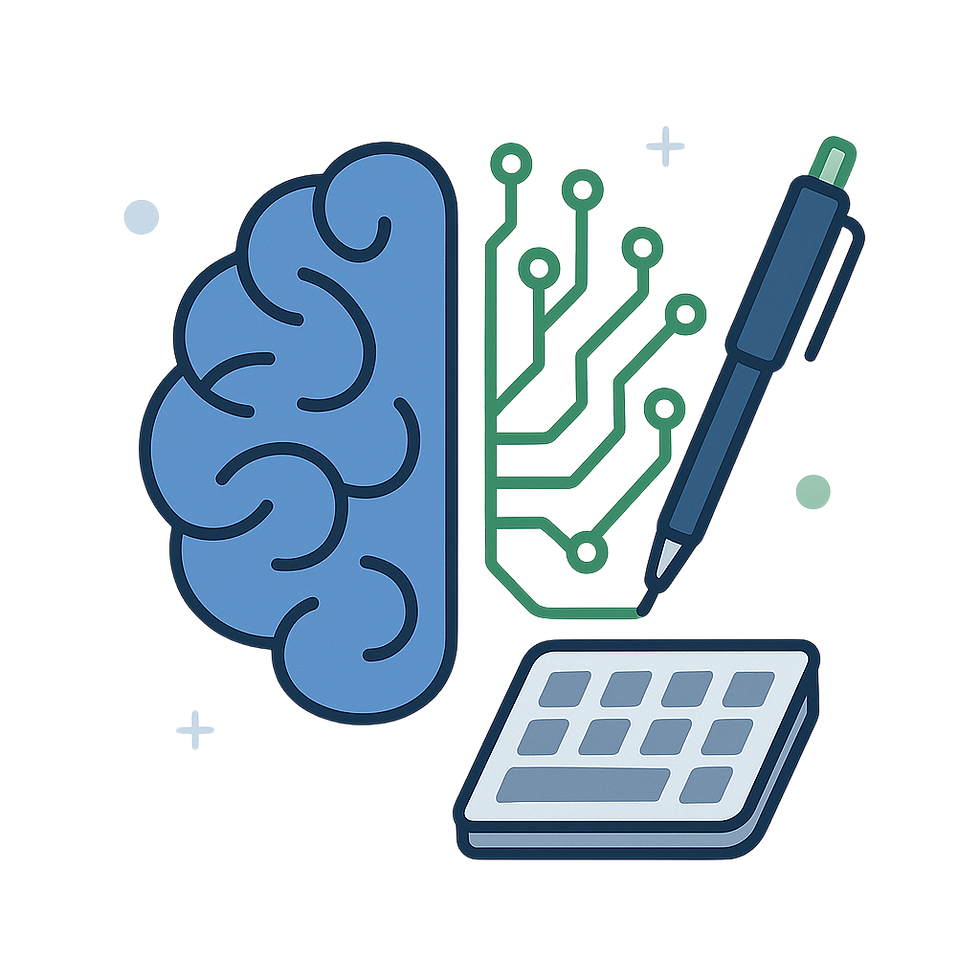 Ilustração de um cérebro com redes neurais representando inteligência artificial, conectado a uma caneta que escreve em uma folha de papel, simbolizando a integração entre IA e escrita acadêmica.