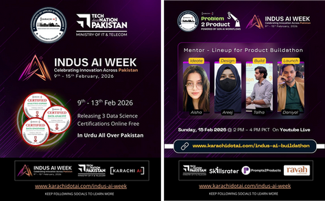 Karachi AI proudly contributed to Indus AI Week 2026 with a live product buildathon and the release of free self-paced AI courses across Pakistan. From Certified Data Analyst (CDA) to Data Engineering (CDE) and Business Intelligence (CVE) tracks, Karachi AI empowered tech and non-tech learners nationwide with practical, Urdu-accessible training in AI, data, and product development.