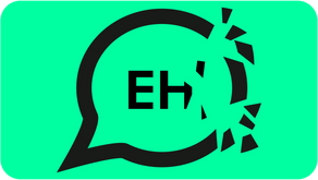 My English Habit's logo. A black speech bubble with the words "Eh" shatters into many pieces. Green background.